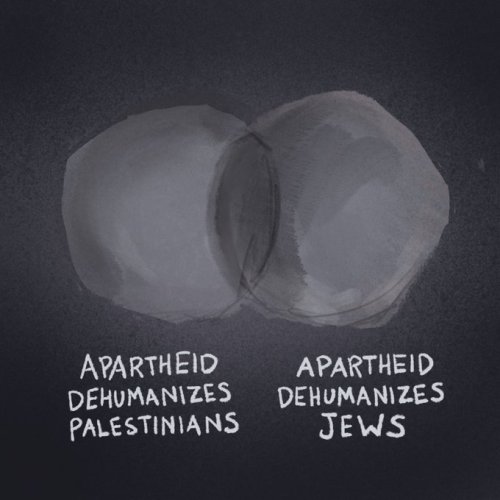 two overlapping grey circles, one labelled "Apartheid dehumanizes Palestinians", another labelled "Apartheid dehumanizes Jews"