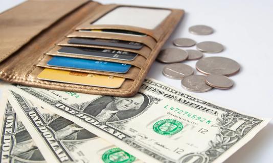 Wallet, credit cards, change and money laid out