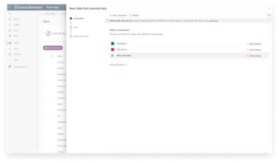 Contoso Electronics Power Apps: New table from external data, connection data review, select SharePoint or SQL connection