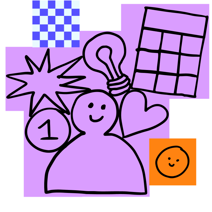 Eine Gruppe mit violetten Notizen mit einer Person, einem Kalender, einer Glühbirne und weiteren handgezeichneten Formen