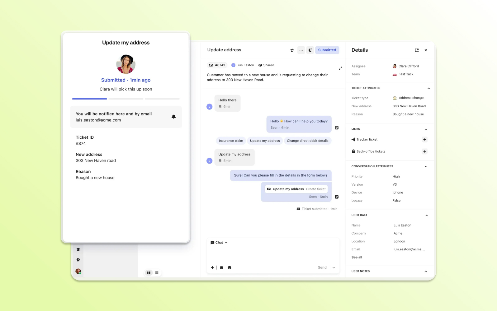 Capture d'écran du logiciel de ticketing helpdesk Intercom avec une interface basée sur le chat pour la communication client en temps réel.
