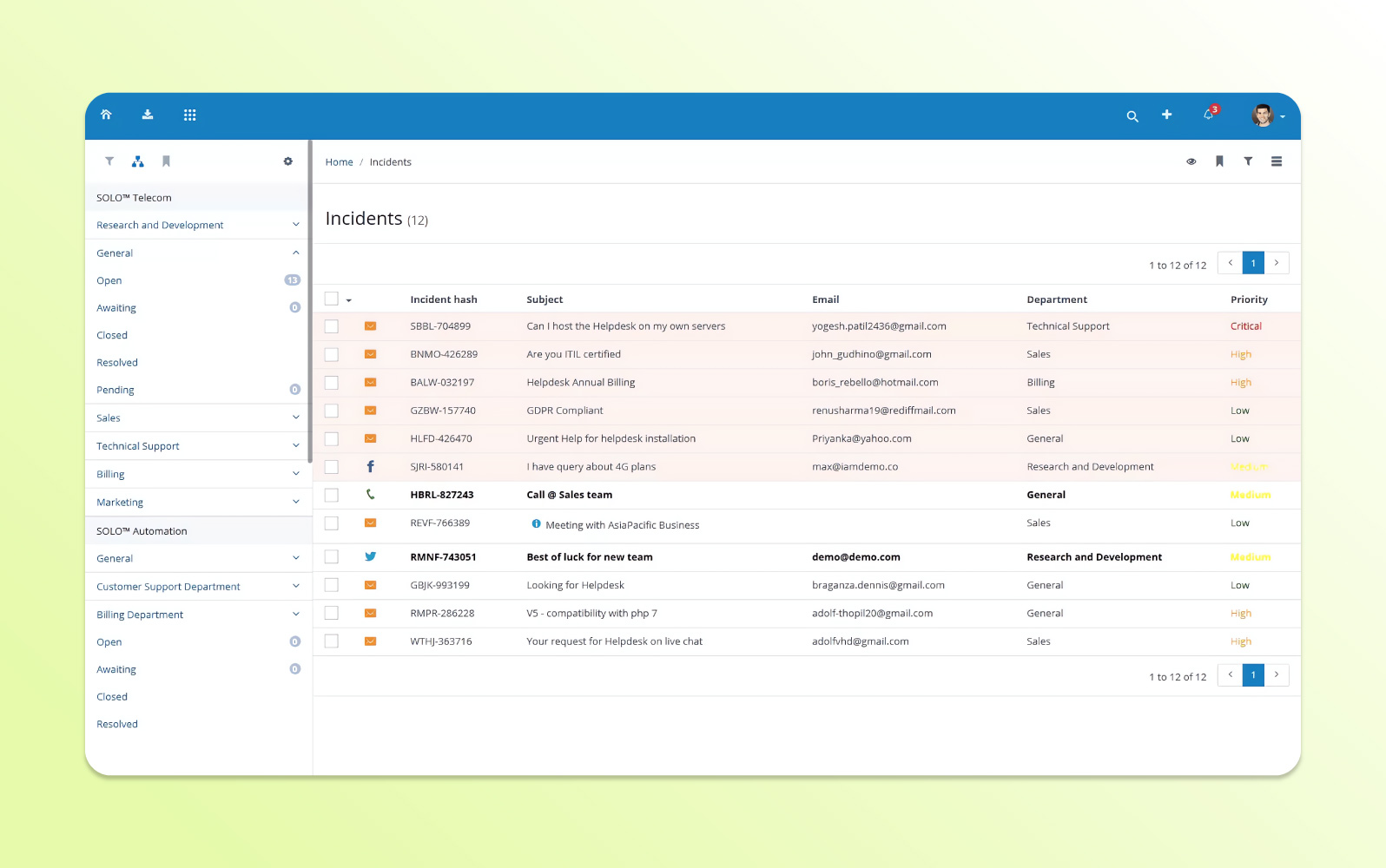 Capture d'écran du logiciel de tickets de helpdesk Vision Helpdesk avec plusieurs vues de tickets et un historique détaillé des interactions.
