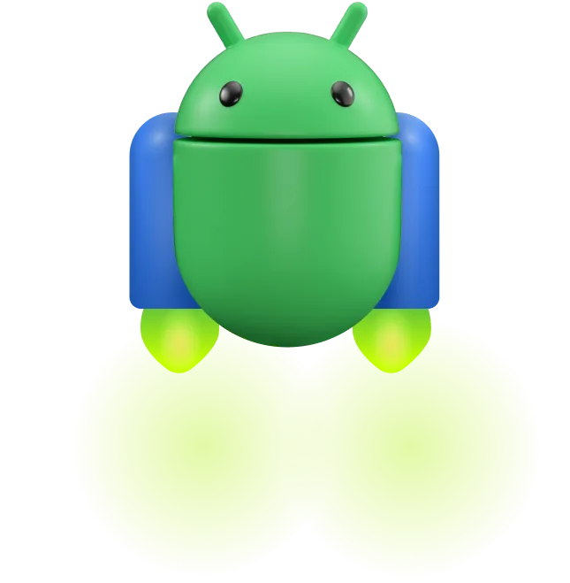 איור תלת-ממדי של הקמע של Android, עם תרמיל סילון שפולט ענן גדול של בועות