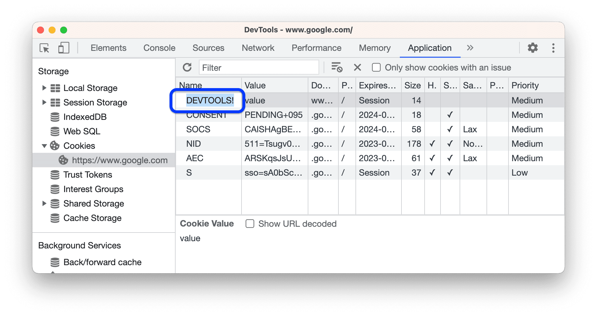 הגדרת השם של קובץ cookie ל-'DEVTOOLS!'