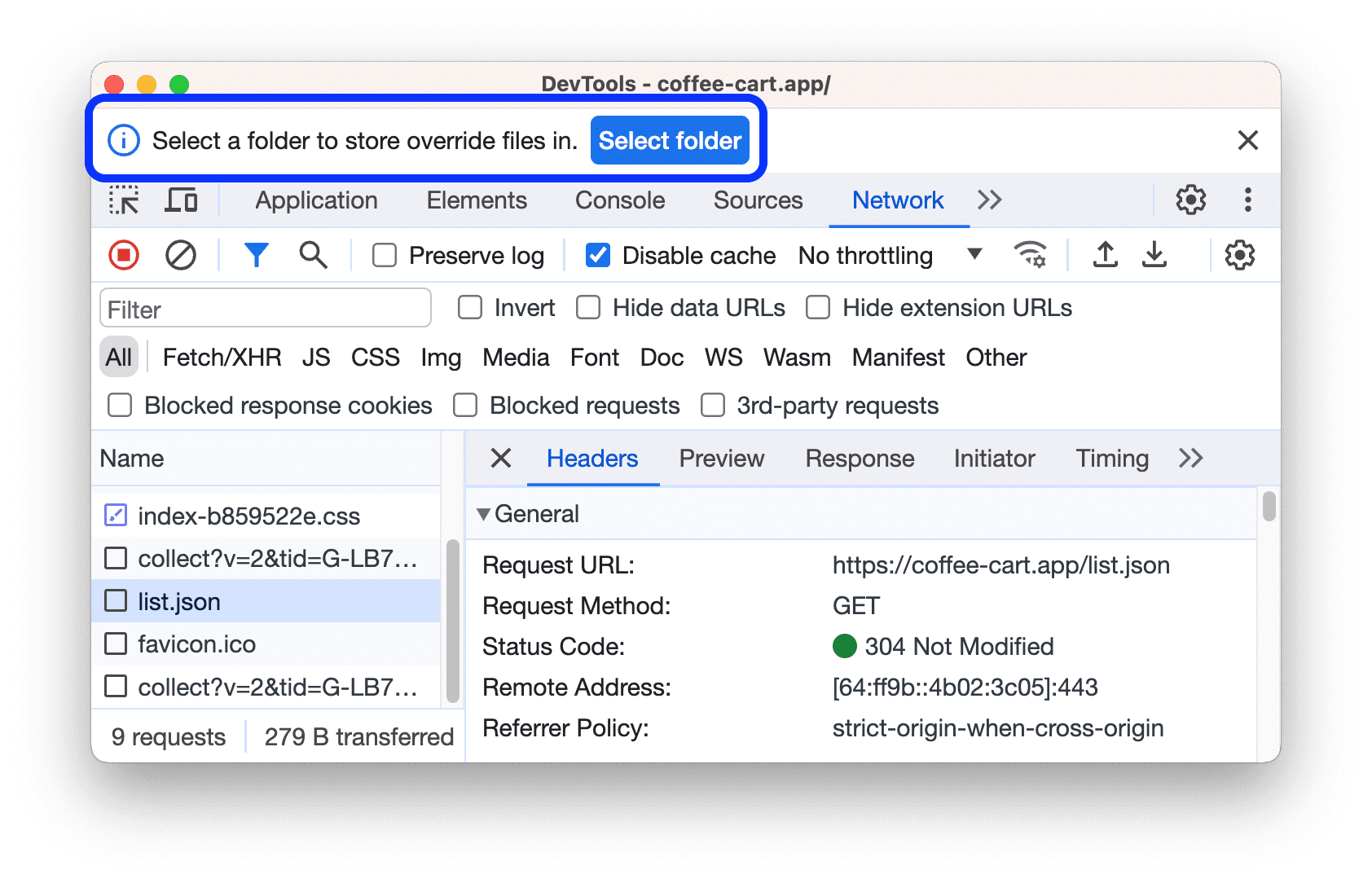 מערכת DevTools תבקש מכם לבחור תיקייה.