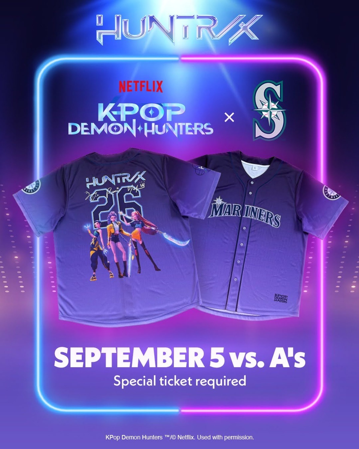 Purple Seattle Mariners jersey featuring K-Pop Demon Hunters characters, Netflix branding, and event details for a special ticket game vs. the A's on September 5. Neon lights and logos highlight a promotional baseball event collaboration.