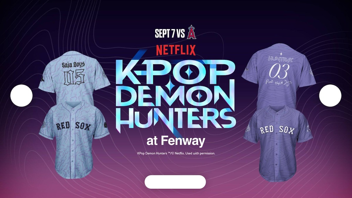 Promotional poster for a K-Pop Demon Hunters event at Fenway Park, featuring special Red Sox jerseys, Netflix branding, and game date of September 7 versus Angels on a purple gradient background.