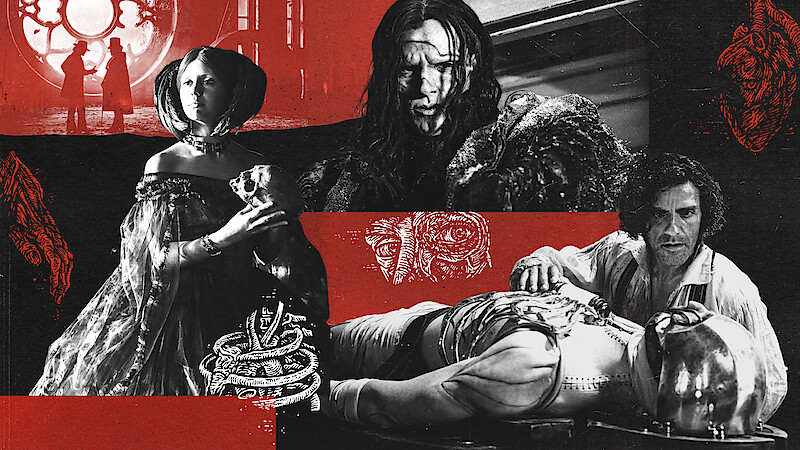 A collage of dramatic scenes showing a woman in period dress, a bloodied figure, a man beside a humanlike machine, and surreal sketches, all set in a dark, intense atmosphere with red and black tones.