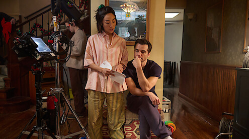 Greta Lee and Wagner Moura on the set of '11817'