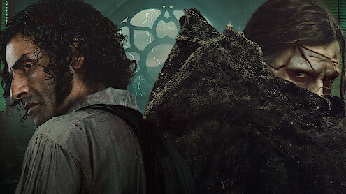 Two men stand back to back in a dark, gothic room with a large window and stormy light outside. One looks defiant, the other wears a cloak and looks intense. The mood is tense and mysterious.