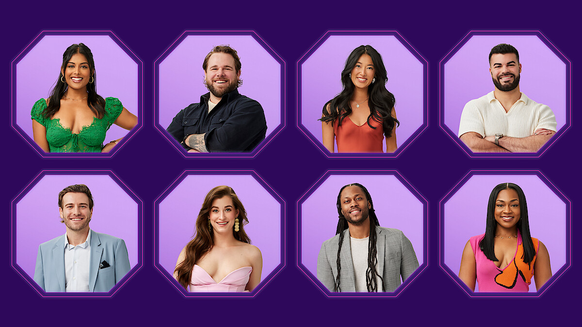Eight people posed in individual octagonal frames on a purple background, each smiling and wearing colorful or formal attire, arranged in two rows of four, portrait-style for a group introduction or cast photo.