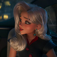 Animated woman with long platinum blonde hair, wearing a dark dress with red buttons and teal earrings, sits inside a car at night with city lights and rain visible through the window, looking to the side with a thoughtful expression.