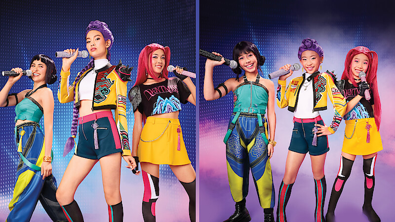 Split screen of adult and kids costumes from 'KPop Demon Hunters'