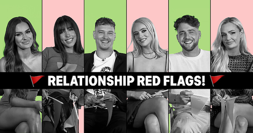 Jess, Alara, Stevan, Elys, Harry, and Micah sitting with the text "Relationship Red Flags" in front of them.
