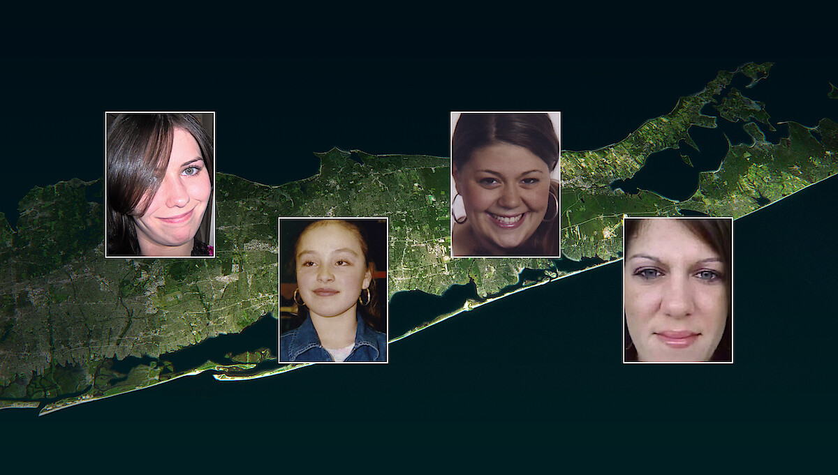Photos of victims in the Gilgo Beach murder case, over a map of the area
