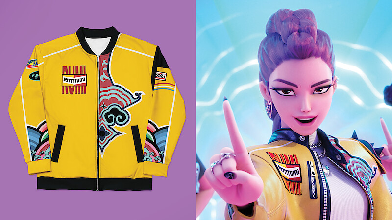 Split screen of Rumi's jacket, and Rumi from 'KPop Demon Hunters'