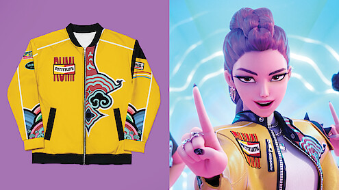 Split screen of Rumi's jacket, and Rumi from 'KPop Demon Hunters'