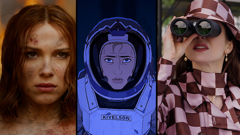 Triptych of images from Damsel, Love Death + Robots, and Emily in Paris.