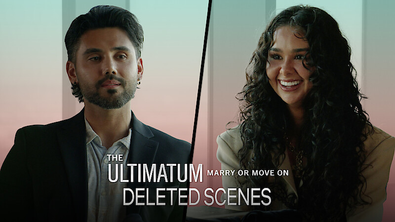 Edris and Hayley talk in a sunlit room with large windows, both dressed semi-formally. Text overlay reads: The Ultimatum: Marry or Move On - Deleted Scenes.