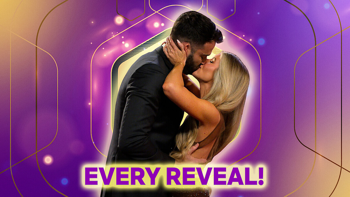 Alex and Ashley are embracing and kissing passionately on a brightly lit, colorful stage with a purple and gold background. Bold text at the bottom says "EVERY REVEAL!" conveying a dramatic or celebratory moment.