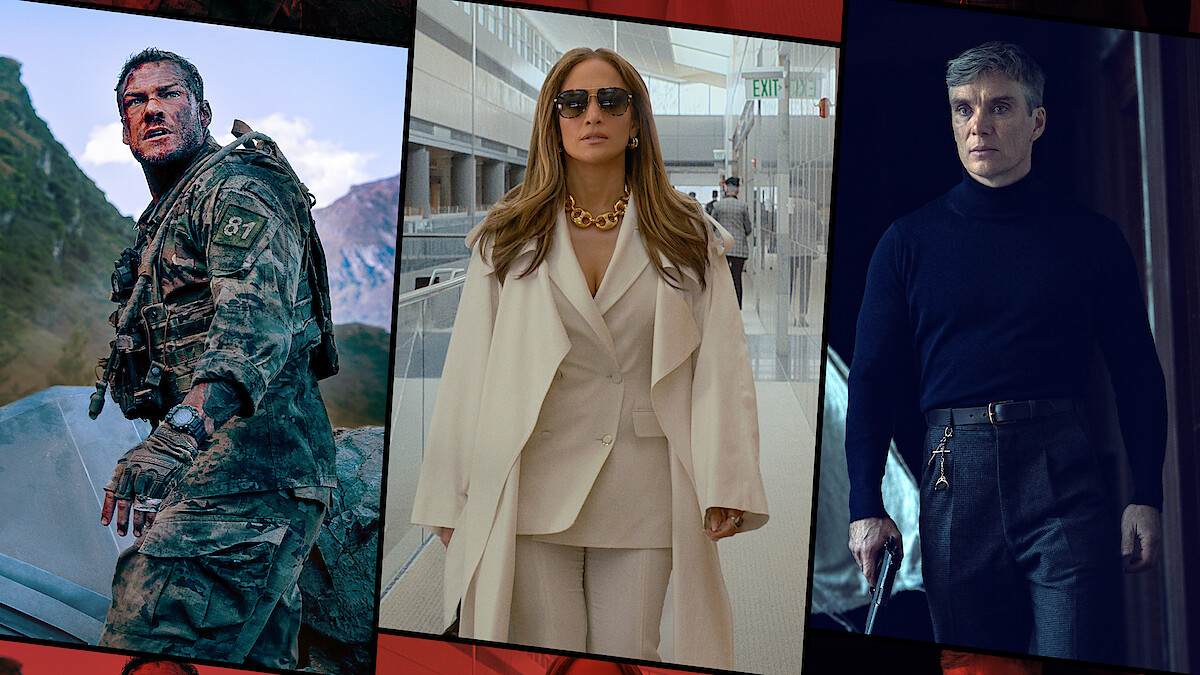 Three individuals: a soldier in a rugged outdoor setting, a woman in a white suit and sunglasses in a modern building, and a man in dark clothing in a dimly lit room, each from different film genres.