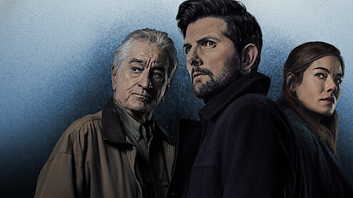 Three serious-looking adults, two men and one woman, stand closely together against a cool-toned textured background, creating a dramatic and mysterious atmosphere.