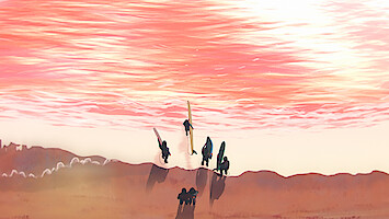 Overhead still from the animated feature film In Waves showing a group of surfers walking into the ocean, waves crashing on the shore, and the water in shades of pink, orange, and yellow from the setting sun.