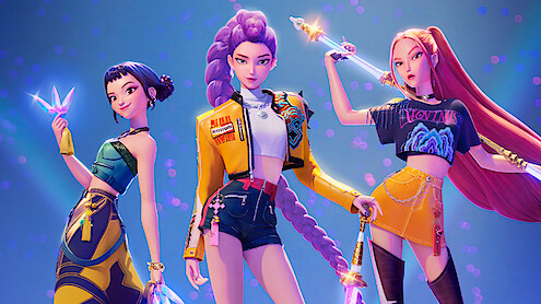 Animated still of three women holding weapons in 'Kpop Demon Hunters'