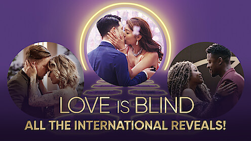 Couples from different seasons of 'Love Is Blind' international programs embracing.