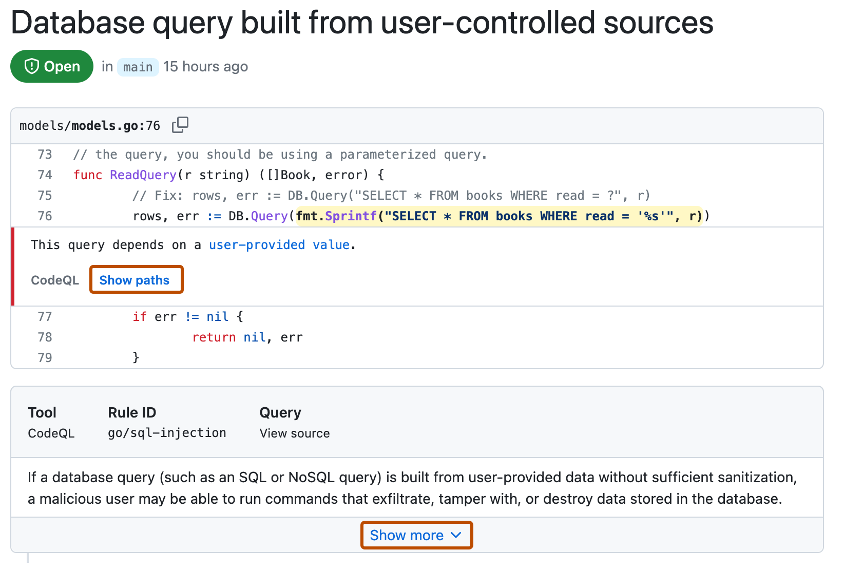 Снимок экрана: оповещение code scanning. Ссылки "Показать пути" и "Показать больше" описаны в темно-оранжевый цвет.