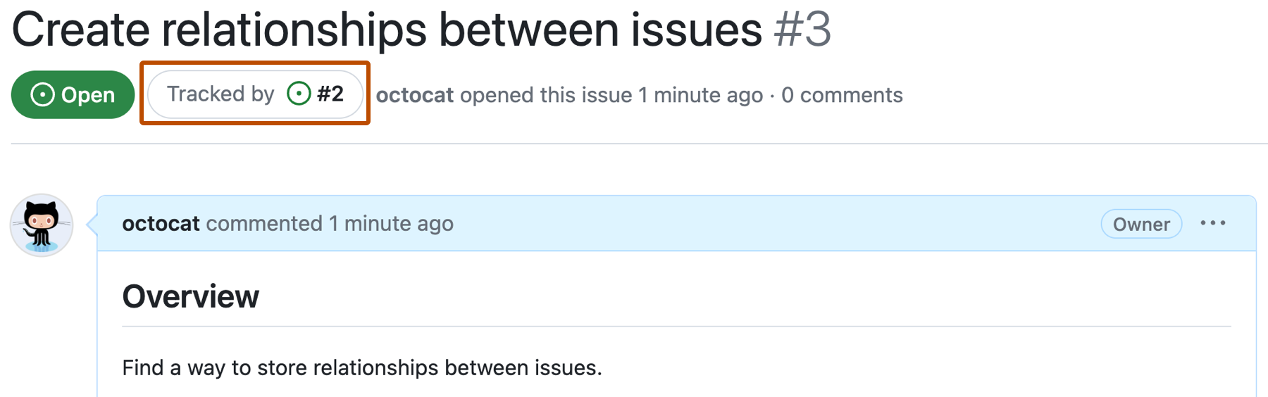 Screenshot of issue 3 showing the issue status of "Open" and the text "Tracked by issue #2", which is outlined in orange.