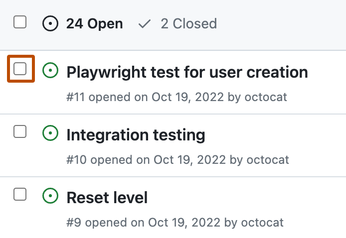 Screenshot of the first two issues in the list of issues for a repository. To the left of each issue, a checkbox is outlined in dark orange.