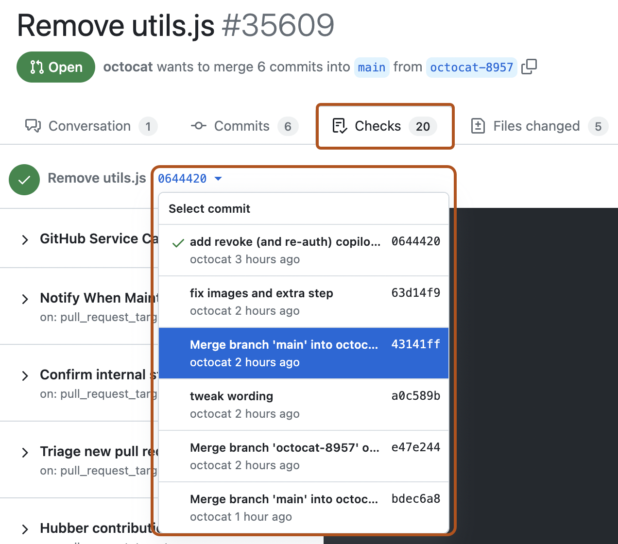 Captura de pantalla de la pestaña "Comprobaciones" de un pull request. La pestaña "Comprobaciones" y el menú desplegable para seleccionar una confirmación están resaltados en naranja oscuro.