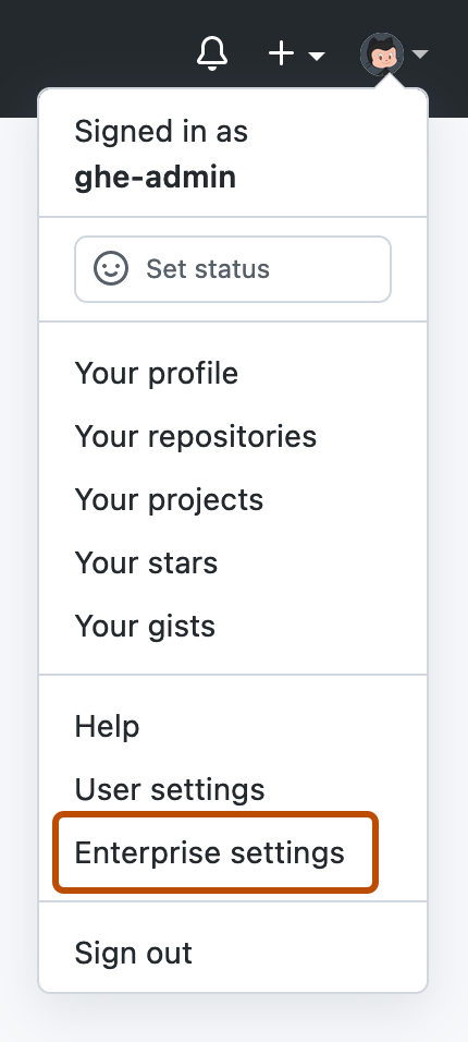 Screenshot of the dropdown menu shown when you click the profile photo on GitHub Enterprise Server. The "Enterprise settings" option is outlined.