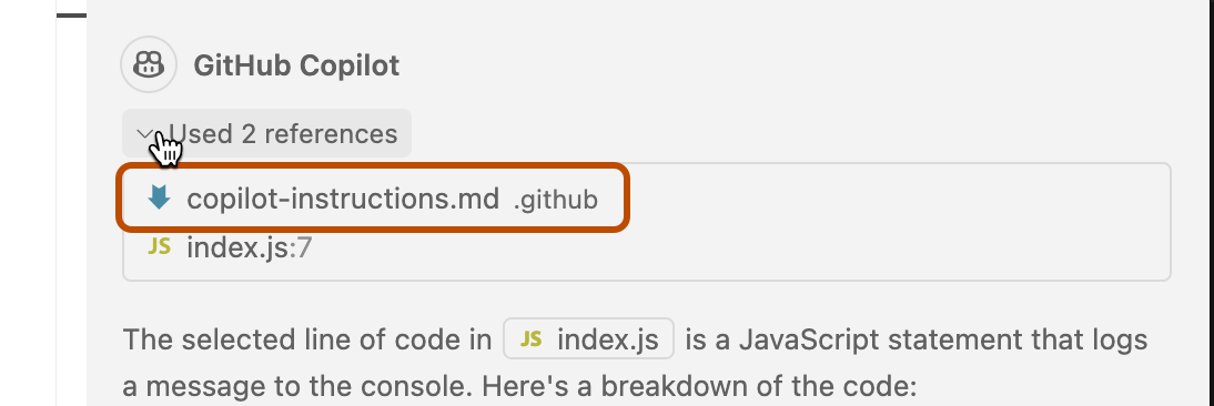 Screenshot of an expanded References list, showing the 'copilot-instructions.md' file highlighted with a dark organge outline.
