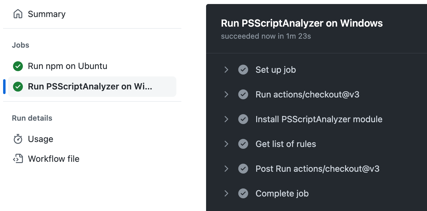 工作流的运行截图 将显示“在 Windows 上运行 PSScriptAnalyzer”作业的步骤。