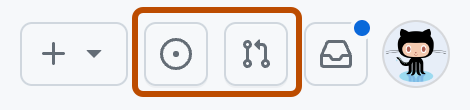 Screenshot of the header of any page on GitHub Enterprise Server. The "Pull requests" and "Issues" icons are outlined in dark orange.