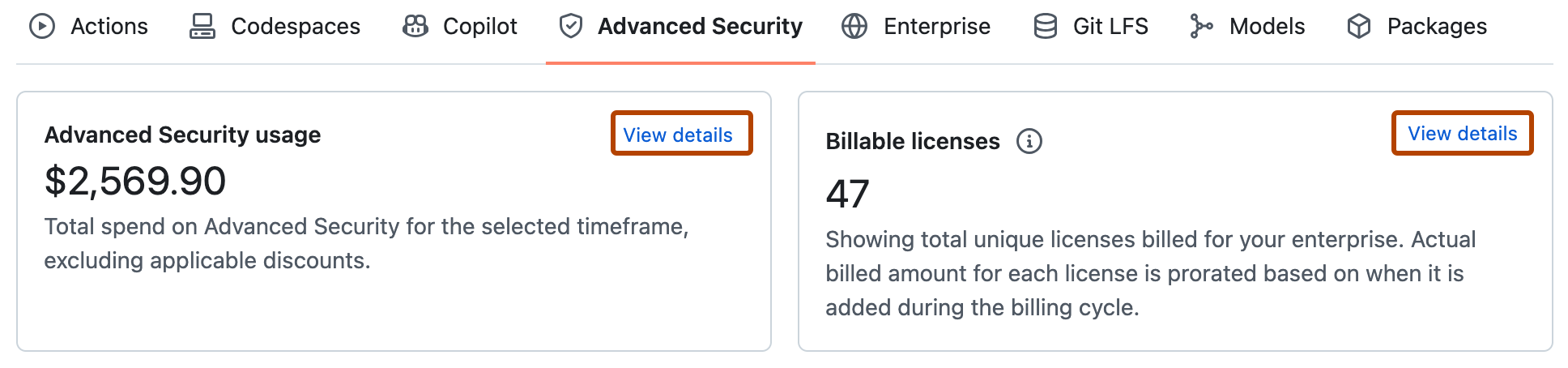 Captura de tela da exibição com guias mostrando "Advanced Security" com os links "Exibir detalhes" contornados em laranja escuro.