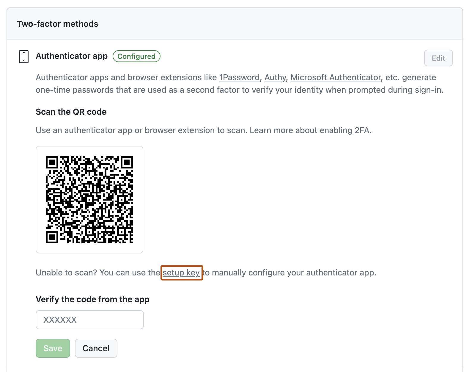 Screenshot of the "Authenticator app" settings. An embedded link, titled "setup key", is highlighted in a dark orange outline.