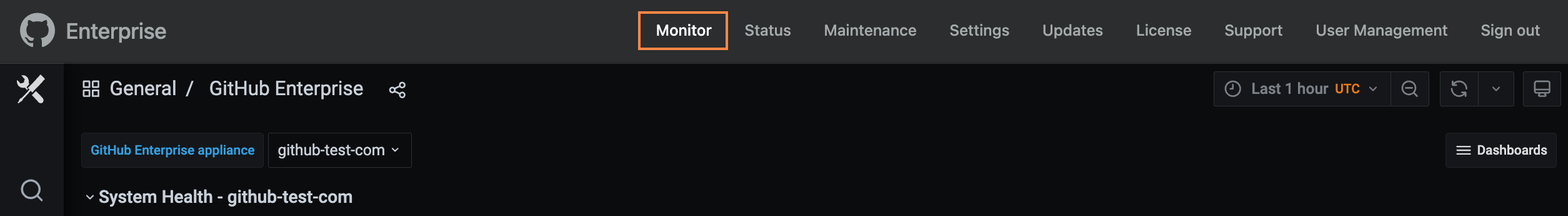 Screenshot of the header of the Management Console. A tab, labeled "Monitor", is highlighted with an orange outline.