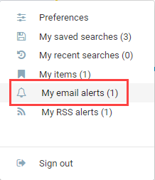 Screenshot of the drop-down user menu with access to email alerts highlighted