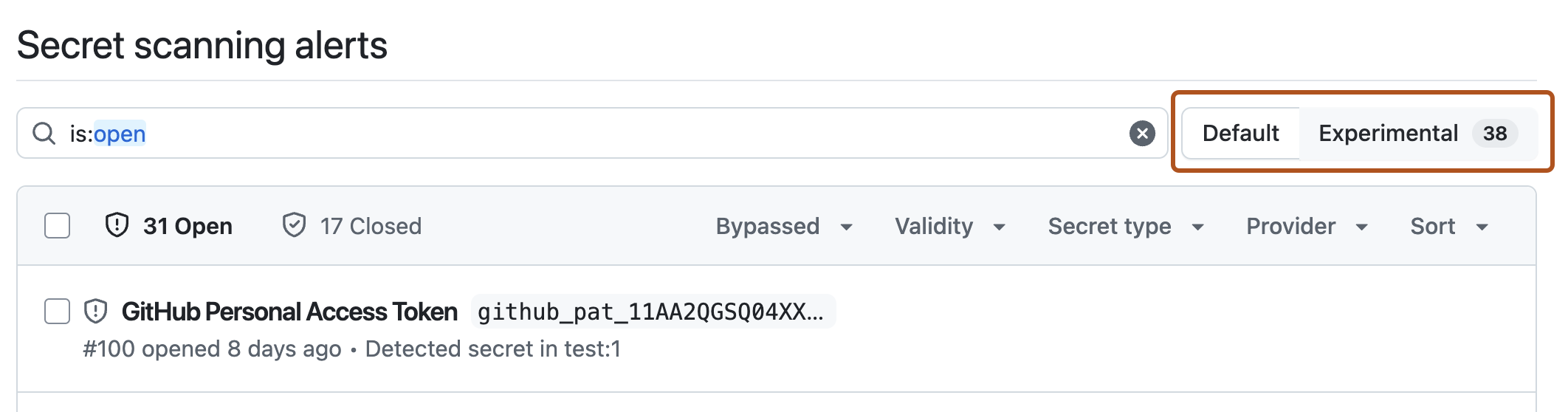 Screenshot of the {% data variables.product.prodname_secret_scanning %} alert view. The button to toggle between "Default" and "Experimental" alerts is highlighted with an orange outline.