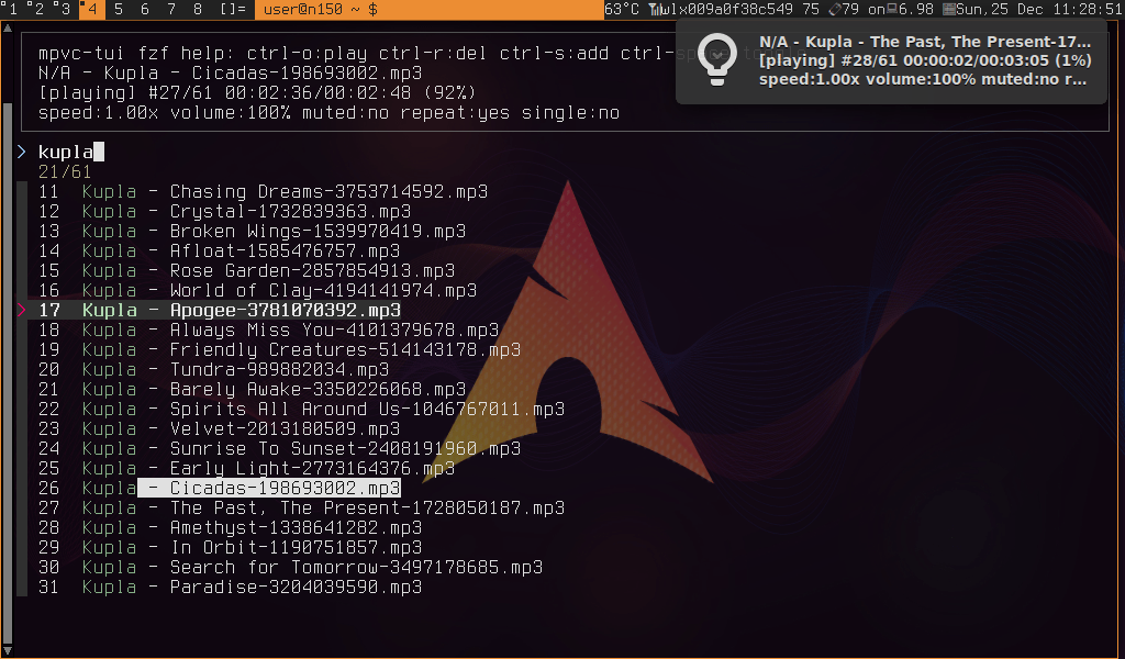 mpvc tui+fzf+notifications screenshot