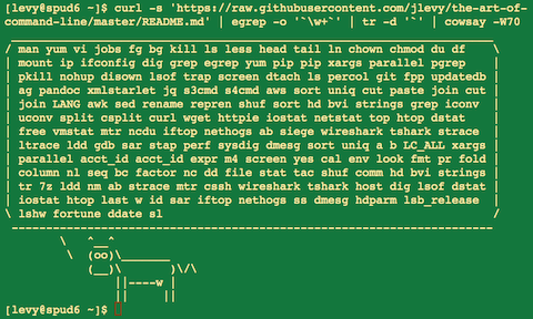 curl -s 'https://raw.githubusercontent.com/jlevy/the-art-of-command-line/master/README.md' | egrep -o '\w+' | tr -d '`' | cowsay -W50