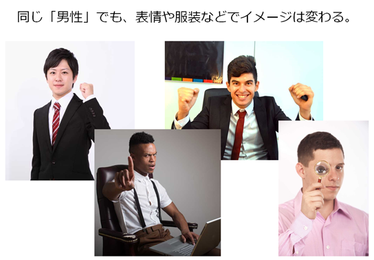 同じ「男性」でも、表情や服装などでイメージは変わる。