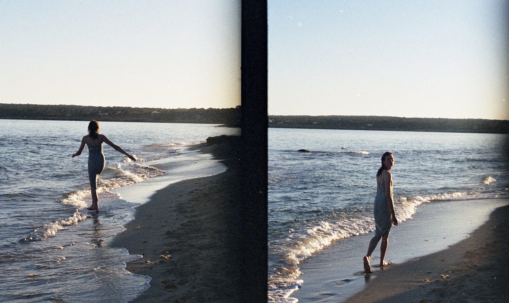 a split image showing two scenes on a beach at sunset
