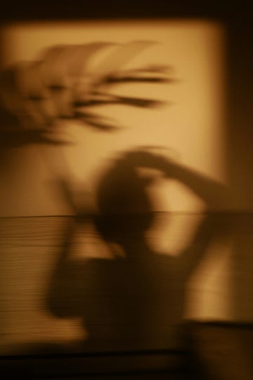 abstract shadow of a person and plant on a wall.