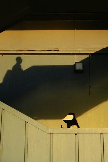 person with visor under a structure, large shadow cast on wall.