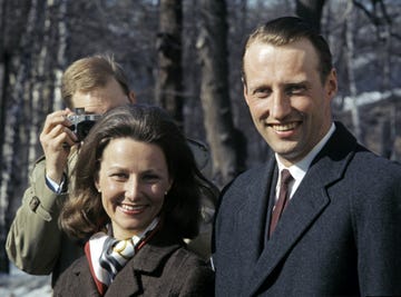 a picture taken on march 19, 1968 in oslo shows norways crown prince harald and sonja haraldsen posing for photographers after the announcement of their engagement afp photo ntb scanpix and aftenposten bjorn finstad norway out photo credit should read bjorn finstadafp via getty images