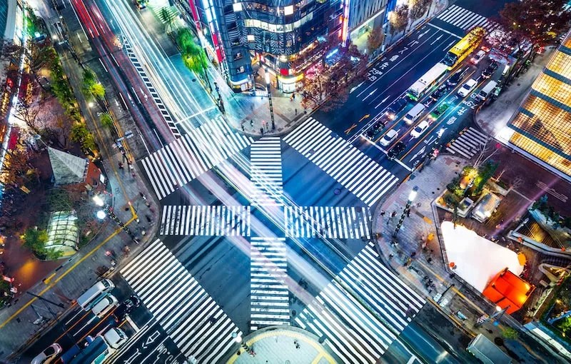 An overhead shot of one of the main intersections in Ginza, a place where Donny Kimball is often working for Japan.